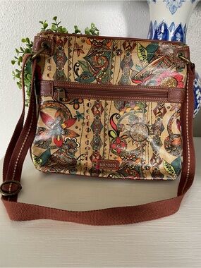 Sakroots Owl Flower Flat Crossbody Bag Purse Boho Coated Canvas